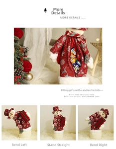 Detailed view of plush Christmas snowman doll with zippered candy pouch and bendable legs