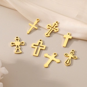 Set of 7 gold stainless steel hollow cross pendants for DIY vintage jewelry making