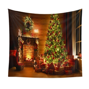 Detail of Christmas tapestry with warm fireplace and glowing tree on polyester fabric