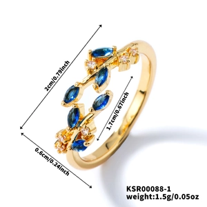 Leaf design open ring with blue marquise gemstones and size measurement details