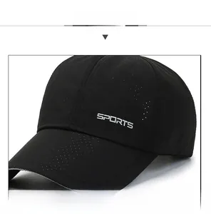 Detail display of black sports cap featuring laser-cut breathable holes and embroidered logo