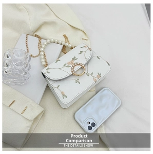 Detail showing the floral embroidery and pearl handle of this elegant mini square bag