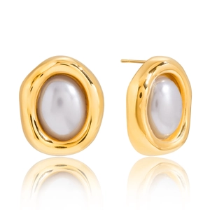 Vintage 18k gold plated oval pearl stud earrings with irregular wave metal frame