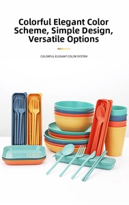 Detailed view of stackable wheat straw tableware set in multi-colored matte finish