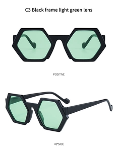 Detailed view of C3 polygonal sunglasses with black frame and light green lenses