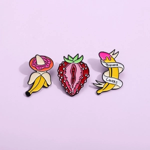 Set of 3 creative cartoon fruit enamel pins featuring strawberry and banana designs