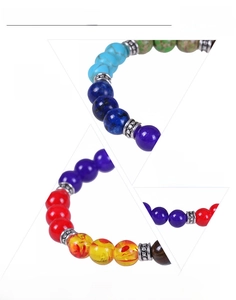 Dettaglio del bracciale con pietre naturali dei sette chakra e perline in metallo vintage