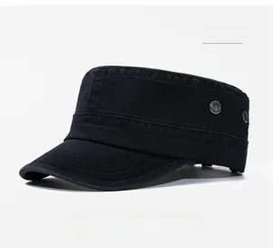 Detail view of black washed cotton military cap with metal side vents and stitching