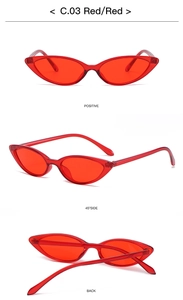 Three-angle views of vintage red cat-eye sunglasses with matching frames and lenses