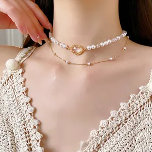 Double Layer Necklace Imitation Artificial Pearl Crystal Pendant Gold Plated Vintage Clavicle Chain For Women Fashion Jewelry