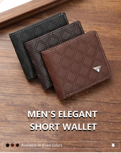 Three colors of men's short wallets with elegant rhombus embossed leather on wood background