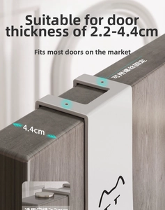 Detail of white over-door hook showing fit for 2.2-4.4cm door thickness and 2mm gap