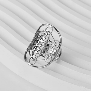 Vintage stainless steel open ring featuring a hollow geometric hexagram star design