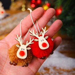 Christmas reindeer ornaments set with plush wool felt balls and wooden deer heads for tree decor