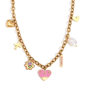 18K gold plated necklace with pink heart, bird, flower, and pearl charms in U-shape