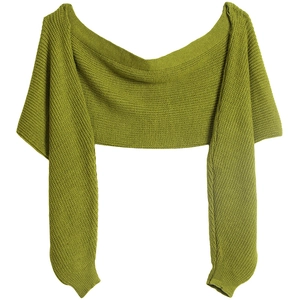Detailed close-up of a green knitted shrug cardigan featuring long sleeves on a white background