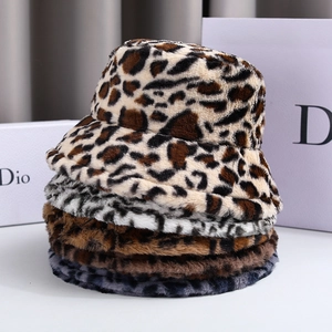 Women Fashion Leopard Print Faux Fur Bucket Hat Warm Winter Polyester Plush Printed Fisherman Hat For Casual Streetwear