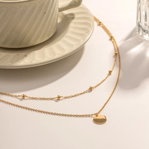 Double-layered 18K gold plated stainless steel necklace with bead chain and round pendant