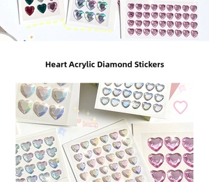 Close-up of heart-shaped 3D acrylic crystal gemstone stickers in vibrant assorted colors