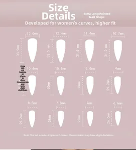 Guide des tailles pour 24 faux ongles stiletto extra longs avec 12 options de largeur