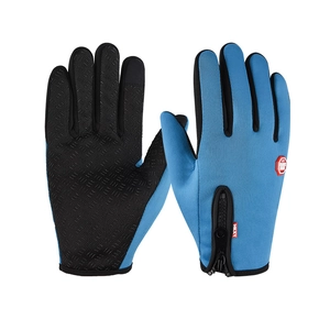 Blue windproof cycling gloves with touchscreen fingertips and non-slip palm design