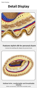 Detail view of colorful crochet floral sun hat with adjustable wire brim and soft inner lining