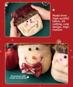 Detail of Christmas plush gift bags featuring Santa and snowman with 3D velvet texture