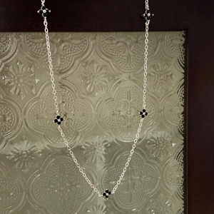 Silver long necklace with five black clover pendants for women in fashion style