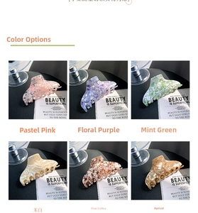 Detailed grid view of acetate hair claws in six marble and floral pastel patterns