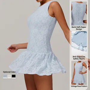 Light blue lace sports dress with rose pattern, back half-zip and built-in safety shorts