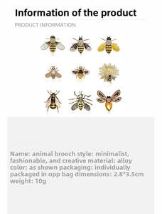 Detailed chart of nine crystal alloy bee brooches with precise dimensions and weight
