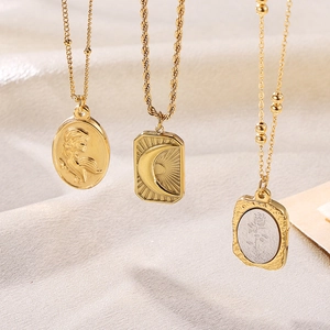Vintage Retro Gold Plated Stainless Steel Pendant Necklace Embossed Rose Moon Sun Portrait Medallion Minimalist Jewelry For Women