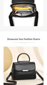 Détails d'un sac à bandoulière en cuir noir montrant un rangement intérieur multicouche spacieux