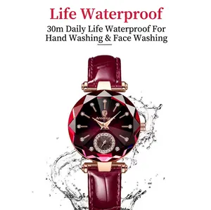 Waterproof women quartz watch with rose gold case and burgundy leather strap in water splash