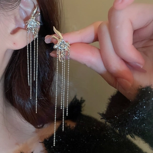 Gros plan de boucles d'oreilles à pompons argentées avec papillon et détails en zircone