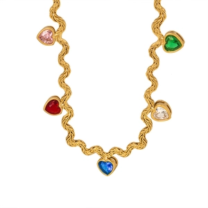 Gold wave chain necklace with five colorful heart-shaped zircon pendants on white background