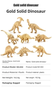 Detailed specs of 8 golden solid plastic dinosaurs with model number and weight info