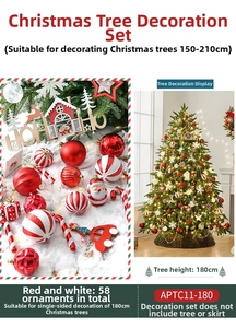 Close-up of 58pcs red and white Christmas tree ornament set with baubles and candy canes