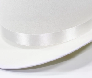 Detailed close-up of a white felt magician hat featuring a shiny satin decorative ribbon