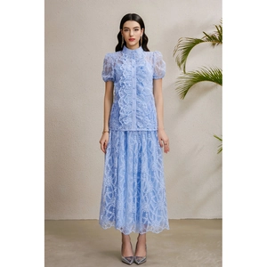 Women's Elegant Sky Blue Lace Top And Bottom Ruffled Stand Collar Puff Sleeve Skirt Outfit For Vacation Spring Autumn