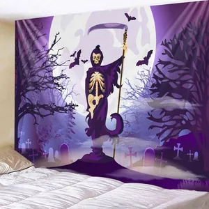 Detail van Halloween wandtapijt met magere hein, volle maan en vleermuizen in een kamer