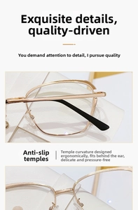 Close-up of golden cat-eye frame featuring ergonomic anti-slip temples and metal detail