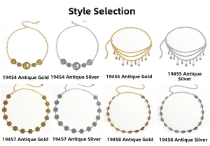Detail view of vintage geometric metal waist chains in antique gold and silver finishes