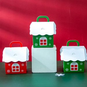 Christmas house-shaped paper candy gift boxes with snow patterns in red and green set of 3
