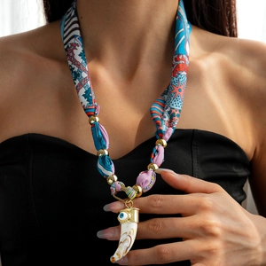 Bohemian Fabric Scarf Necklace With Alloy Elephant Horn Pendant Blue Evil Eye Vintage Ethnic Jewelry For Women
