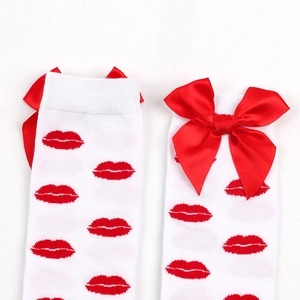 White thigh high stockings with red lip prints and elegant ribbon bows on top