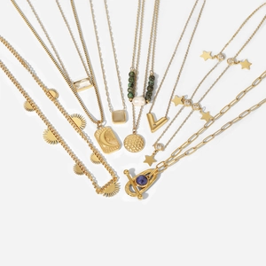 Collection of 14K gold-plated stainless steel necklaces with moon and star pendants