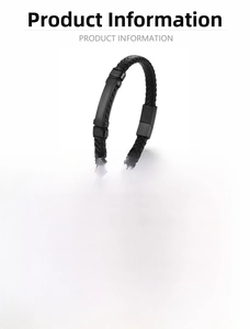 Detailed size chart and material specs for woven leather men's bracelet with steel clasp