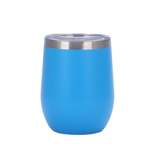 Detailed view of 12oz blue stainless steel wine tumbler with clear sliding lid on white