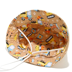Kids khaki cotton bucket hat with cartoon construction trucks and adjustable chin strap